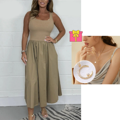 Women's Stylish Sleeveless A-Line Midi Dress with Square Neck Design