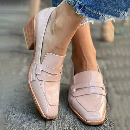 Women's Buckle Moccasins With Wide, Shiny Heel