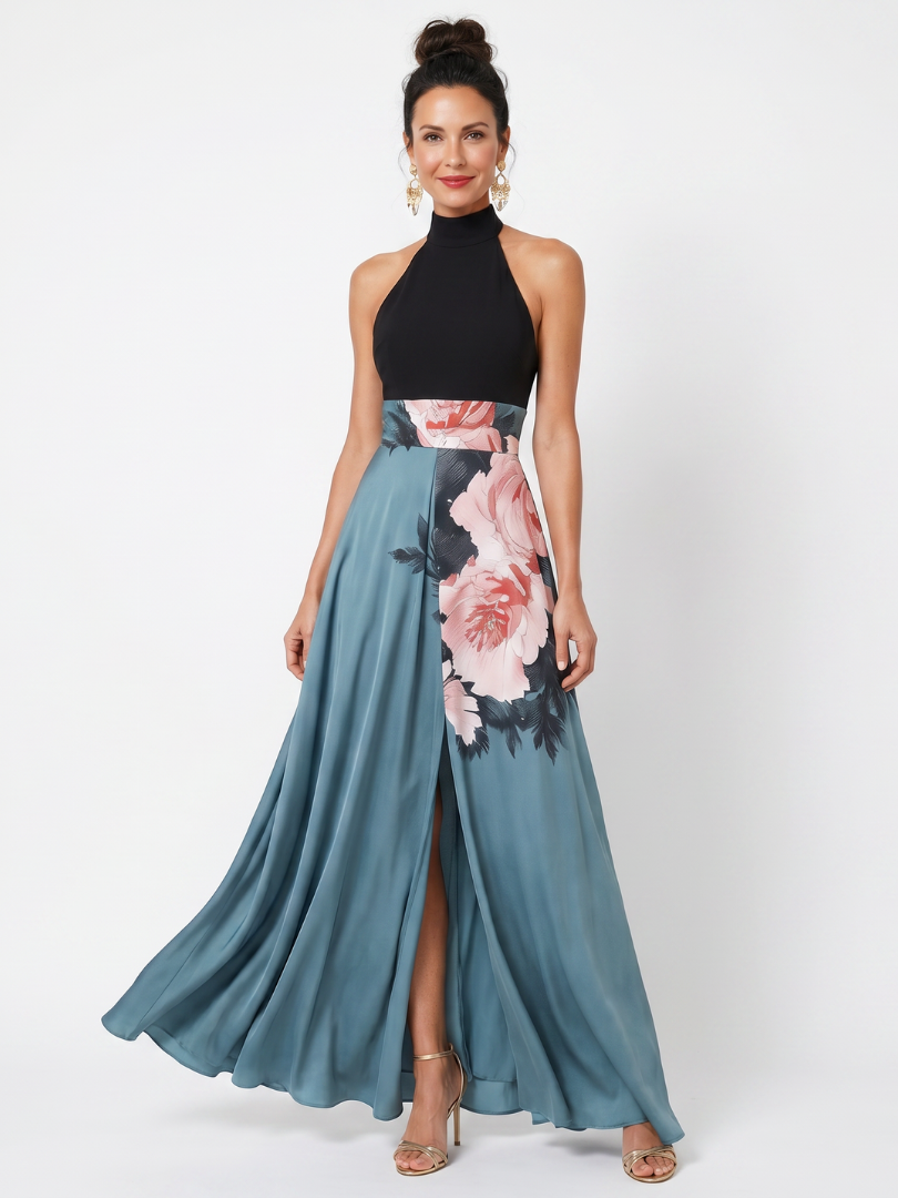 Olympas | Women's Halter Bodice Floral Skirt Maxi Dress