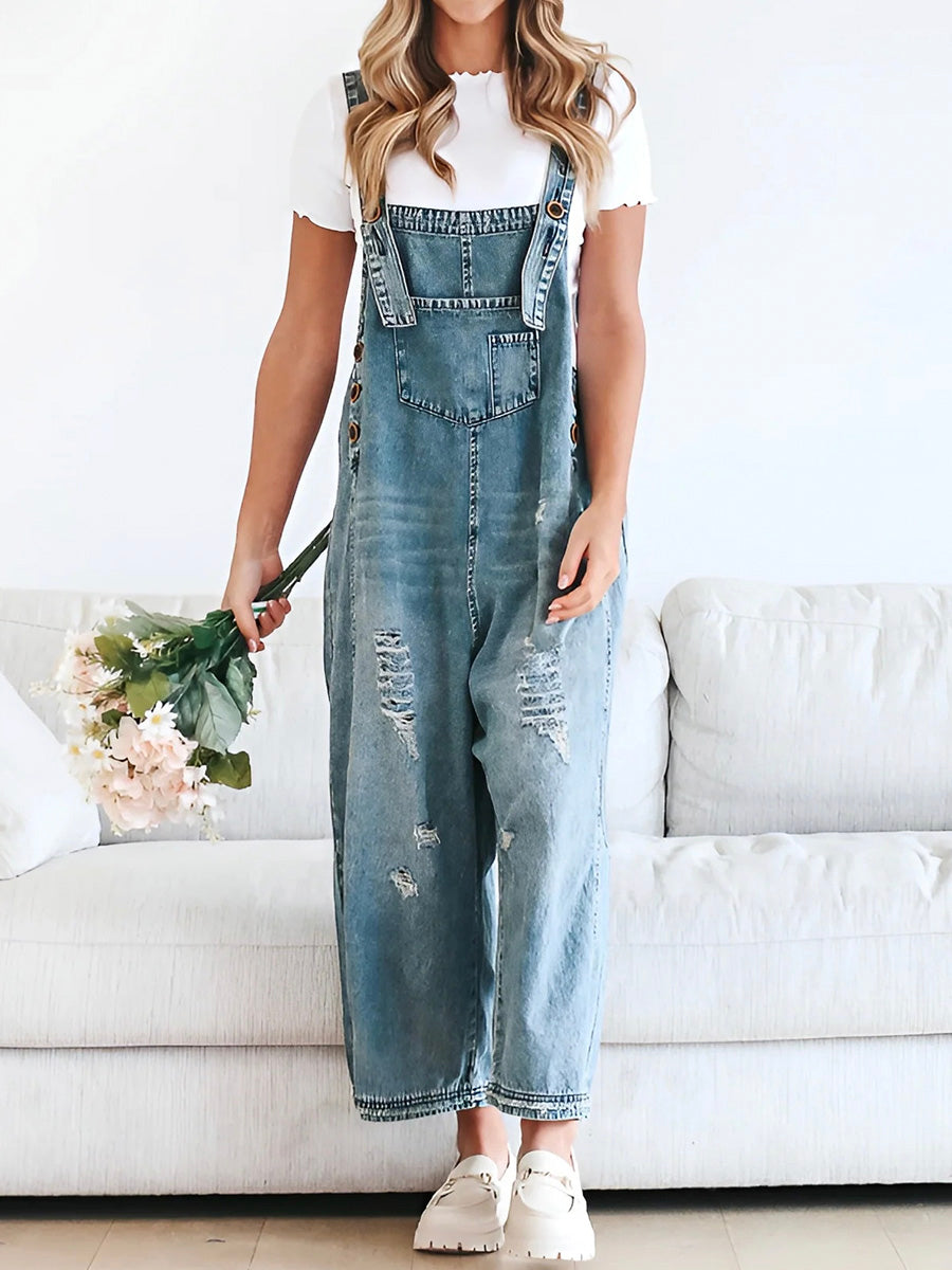 Thessa | Women's Relaxed Distressed Denim Overalls with Pockets