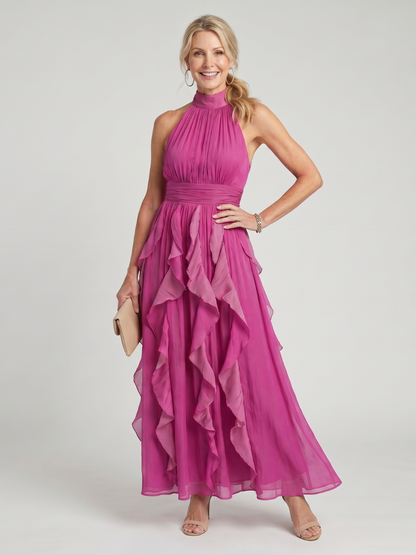 Orea | Women's High Neck Gathered Ruffle Layers Maxi Dress
