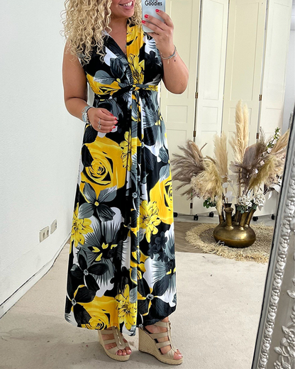 Svea | Women's Sleeveless Pleated Maxi Dress with Floral Print