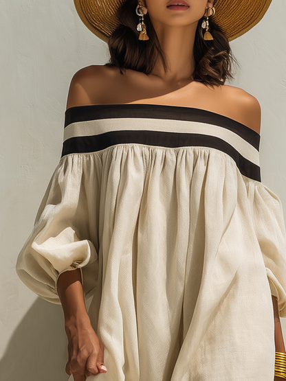 Women's Beige Off-the-Shoulder Maxi Dress with Relaxed Fit and Colour-Block Design