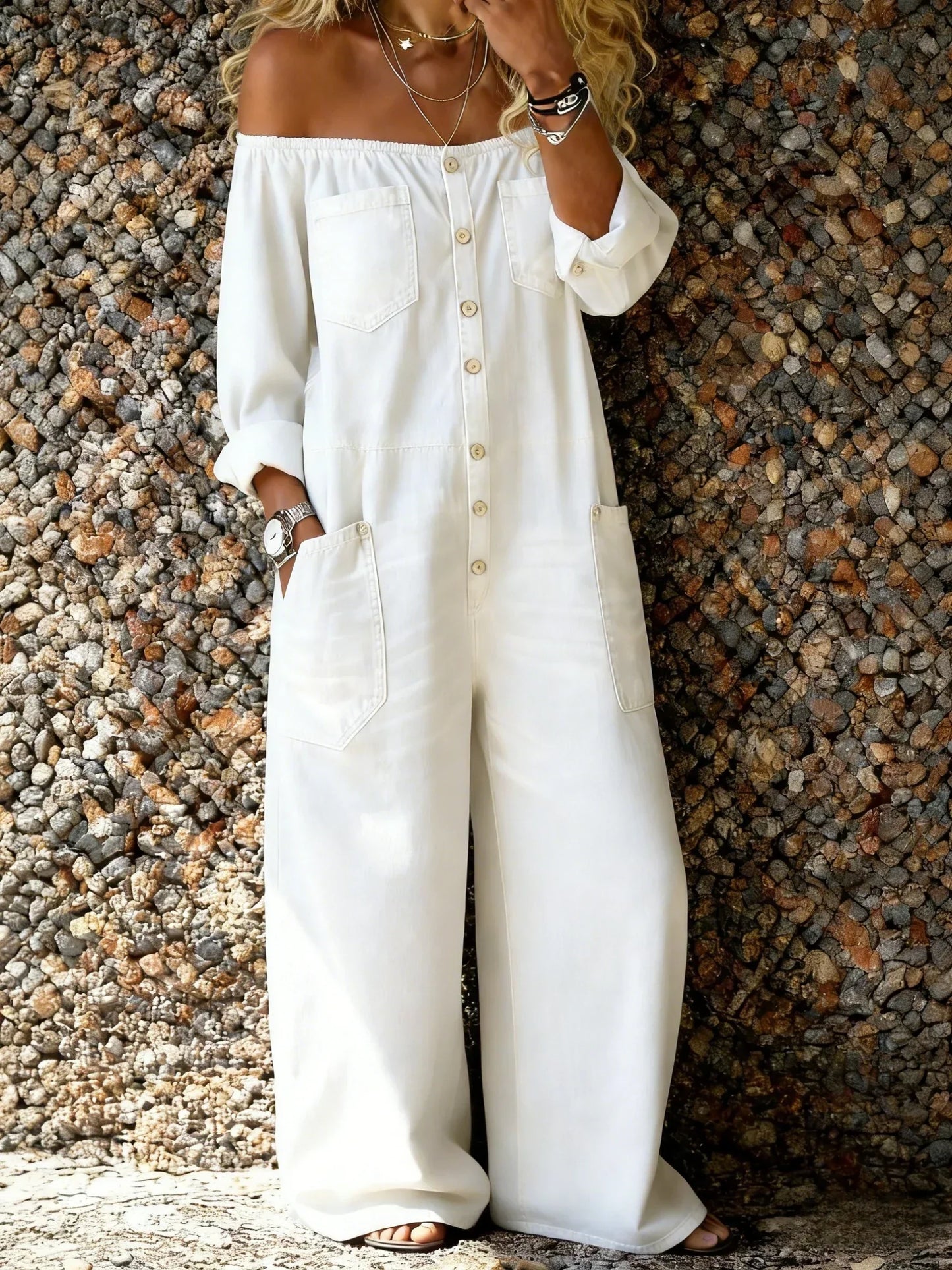 Noa | Women's Jumpsuit with Off-Shoulder Neckline and Pockets