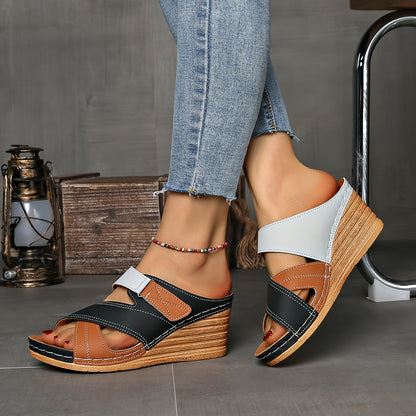 Women's Orthopedic Open-Toe Marina Colourblock Wedge Slides, Comfortable Sandals