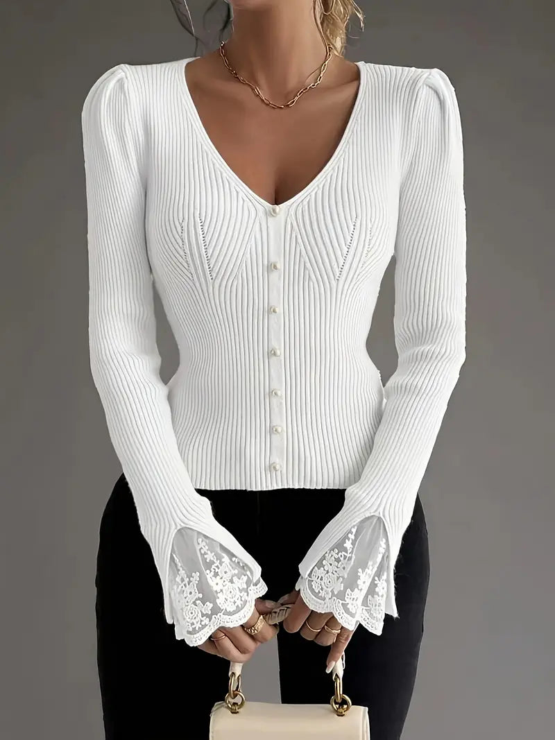 Women's Cropped Floral V-Neck Ribbed Top with Sleeves