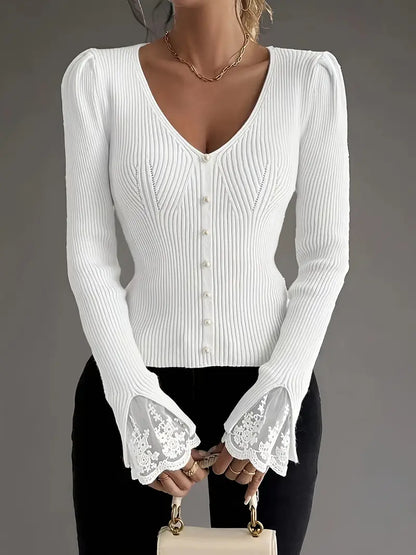 Women's Cropped Floral V-Neck Ribbed Top with Sleeves