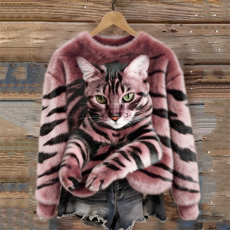 Women's Snug Plush Sweatshirt Featuring a Tiger and Tabby Kitten Design