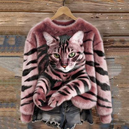 Women's Snug Plush Sweatshirt Featuring a Tiger and Tabby Kitten Design