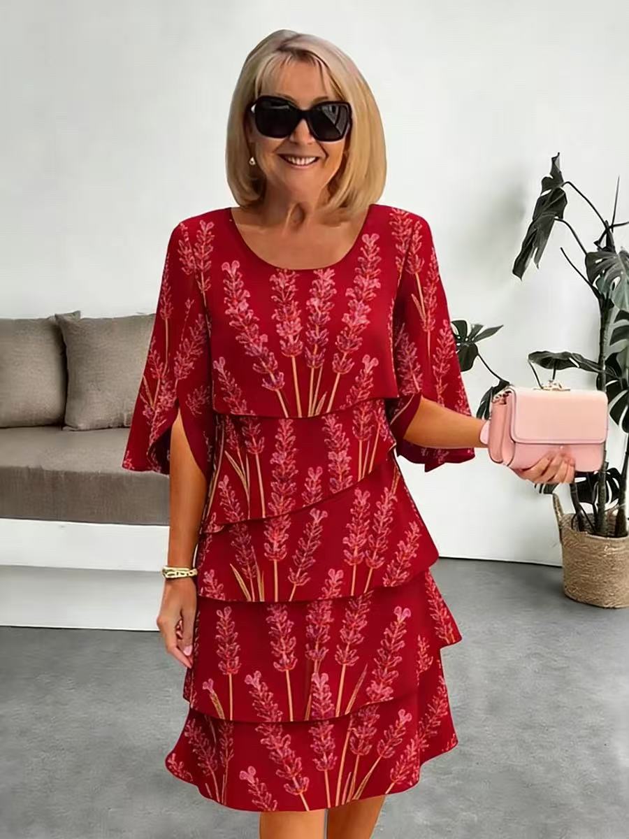 Elyvane | Women's Floral Ruffled Midi Dress with Mid-Length and Split Sleeves