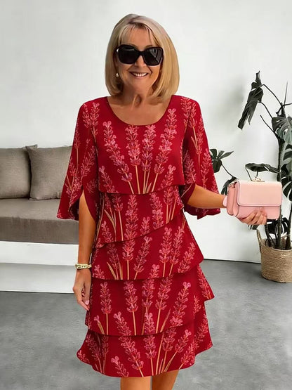 Elyvane | Women's Floral Ruffled Midi Dress with Mid-Length and Split Sleeves