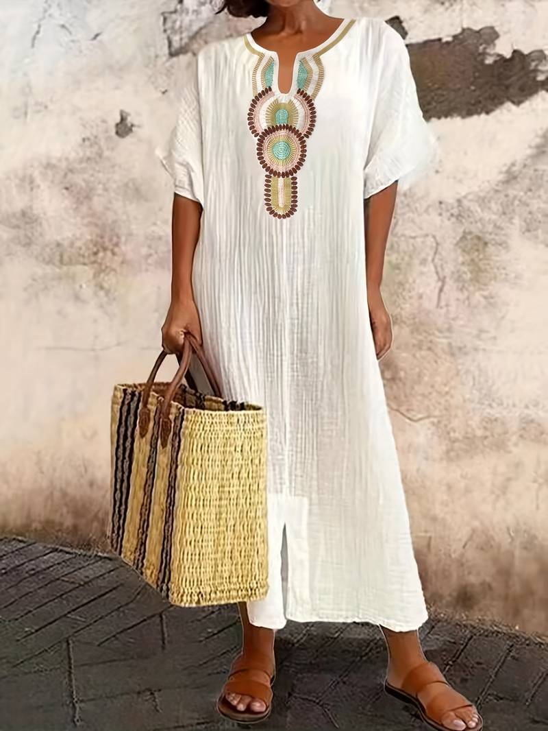 Demi | Women's Boho Maxi Split Dress with Neckline and Side Slit