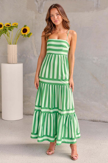 Marisol | Women's Striped Maxi Dress with Straps and Pockets