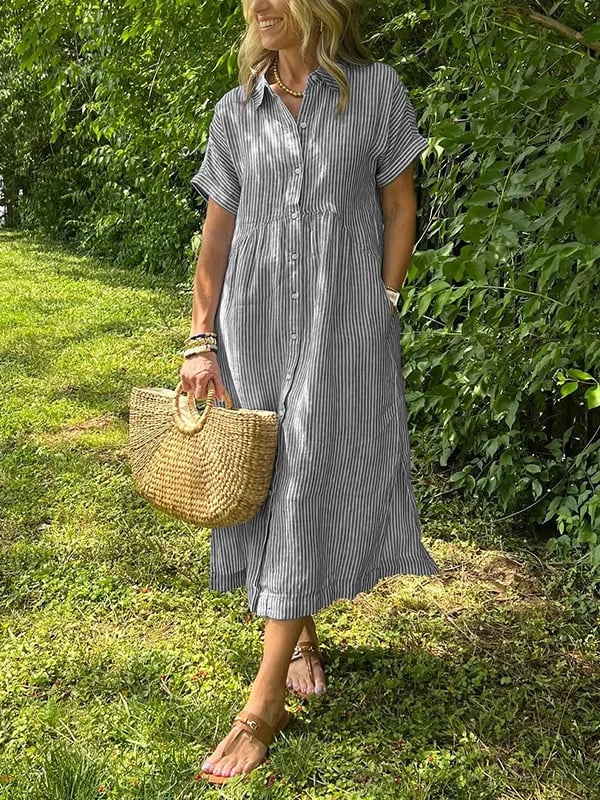 Gwen | Women's Striped Shirt Maxi Dress with Pockets