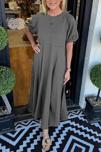 Women's Elegant Maxi Dress with Puff Sleeves and Round Neck