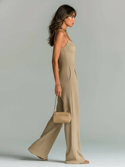 Women's ElevenOra Stylish Camel Strappy Sleeveless Tailored Wide Leg Ribbed Jumpsuit