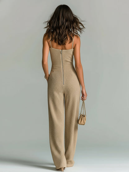 Women's ElevenOra Stylish Camel Strappy Sleeveless Tailored Wide Leg Ribbed Jumpsuit