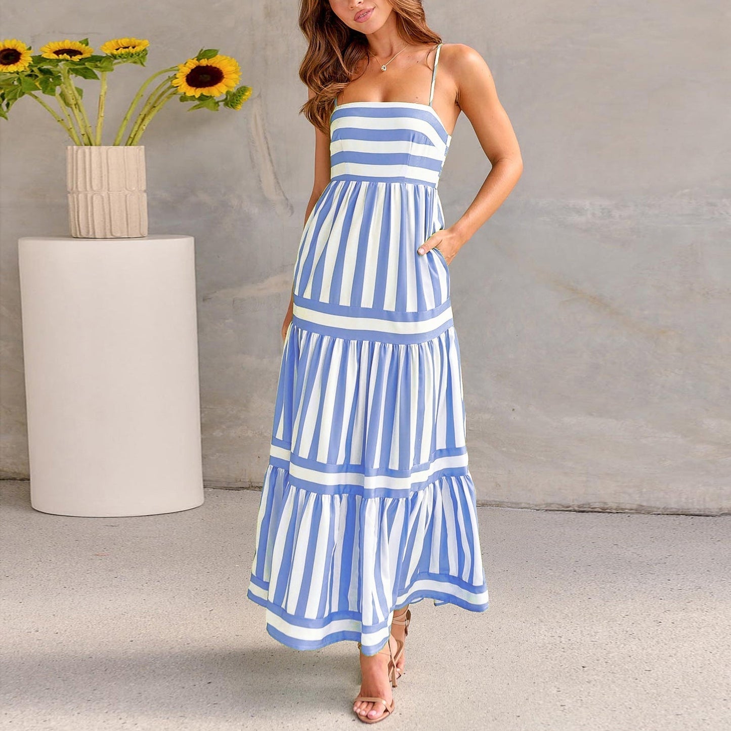 Marisol | Women's Striped Maxi Dress with Straps and Pockets