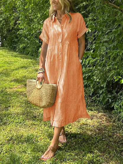 Gwen | Women's Striped Shirt Maxi Dress with Pockets