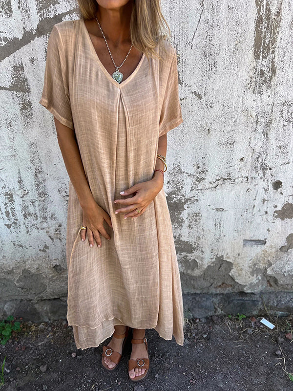 Isabelle | Women's Relaxed Maxi Dress with V-Neck and Short Sleeve
