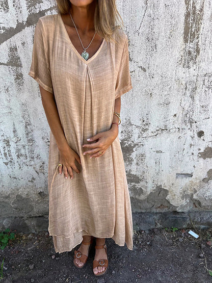 Isabelle | Women's Relaxed Maxi Dress with V-Neck and Short Sleeve