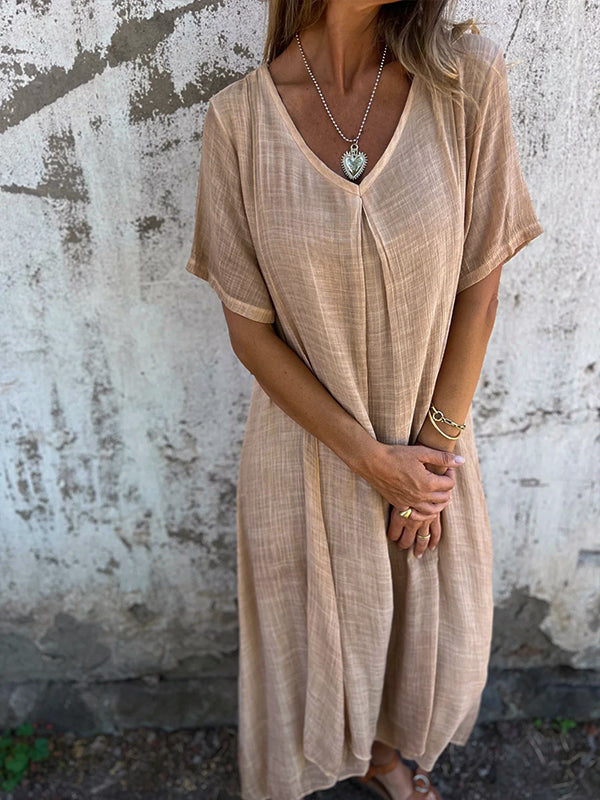 Isabelle | Women's Relaxed Maxi Dress with V-Neck and Short Sleeve