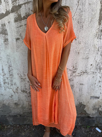 Isabelle | Women's Relaxed Maxi Dress with V-Neck and Short Sleeve