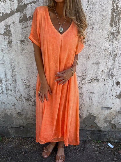 Isabelle | Women's Relaxed Maxi Dress with V-Neck and Short Sleeve