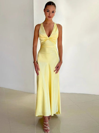 Rosalyn | Women's V-Neck Bow Backless Maxi Dress