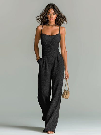Women's ElevenOra Stylish Camel Strappy Sleeveless Tailored Wide Leg Ribbed Jumpsuit