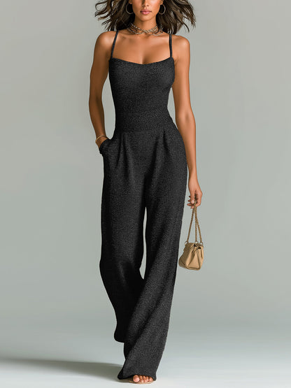 Women's ElevenOra Stylish Camel Strappy Sleeveless Tailored Wide Leg Ribbed Jumpsuit