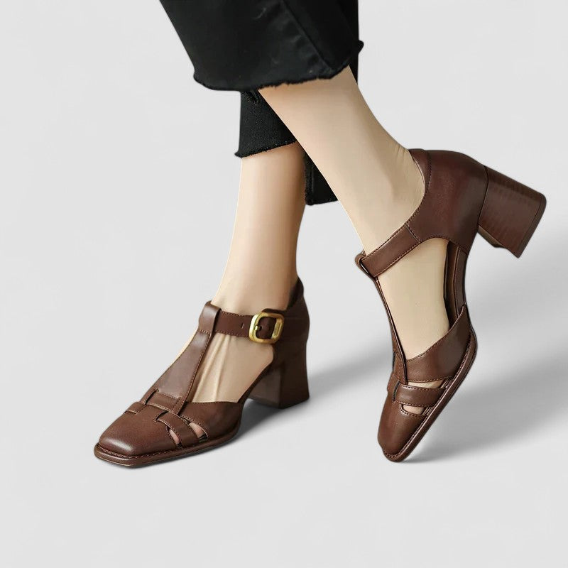 Elyxiana | Women's Orthopedic T-Strap Block Heels with Cut-Out