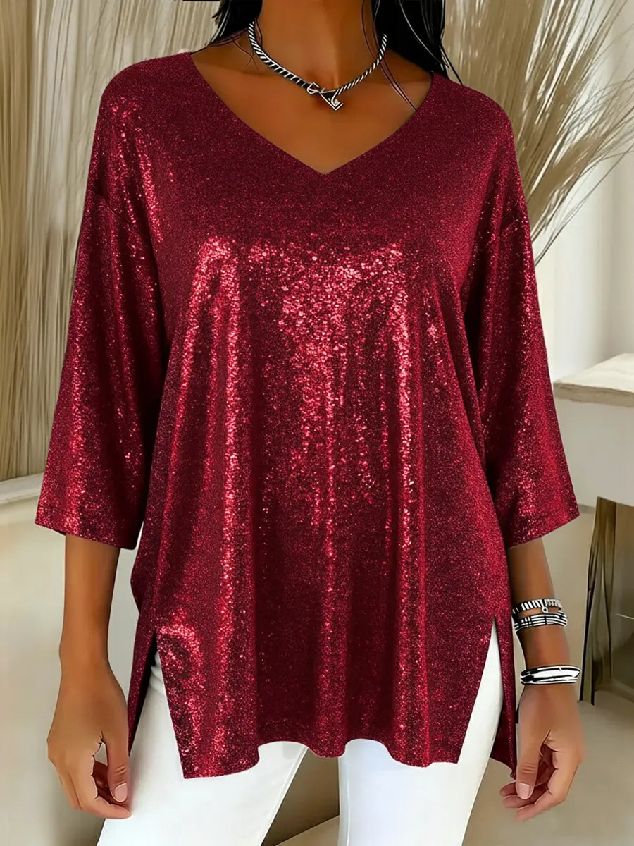 Elina | Women's Shiny V-Neck Christmas Top with Pockets