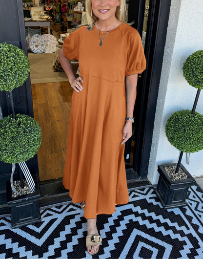 Women's Elegant Maxi Dress with Puff Sleeves and Round Neck