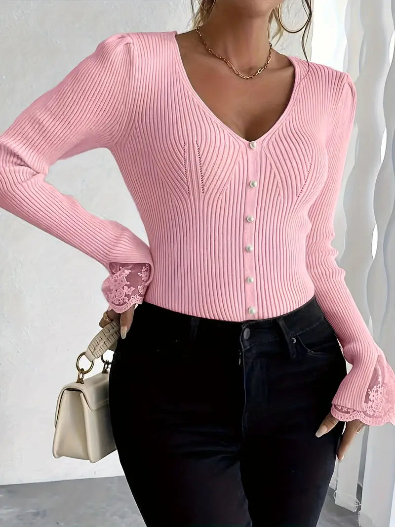 Women's Cropped Floral V-Neck Ribbed Top with Sleeves