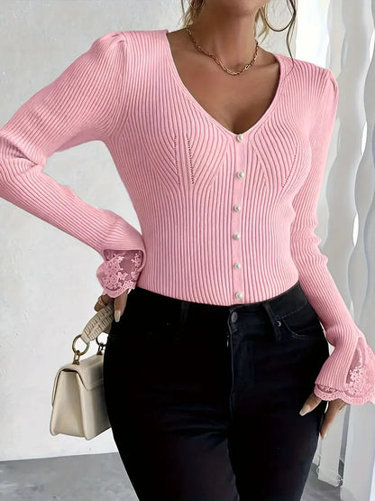 Women's Cropped Floral V-Neck Ribbed Top with Sleeves