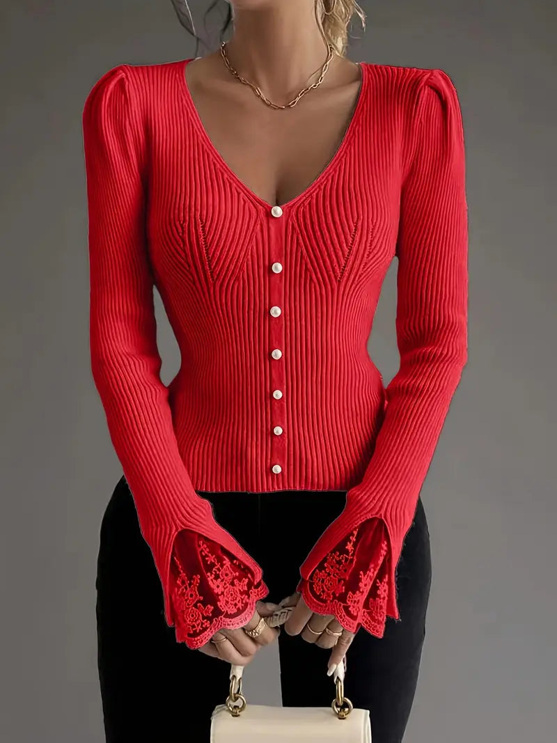 Women's Cropped Floral V-Neck Ribbed Top with Sleeves