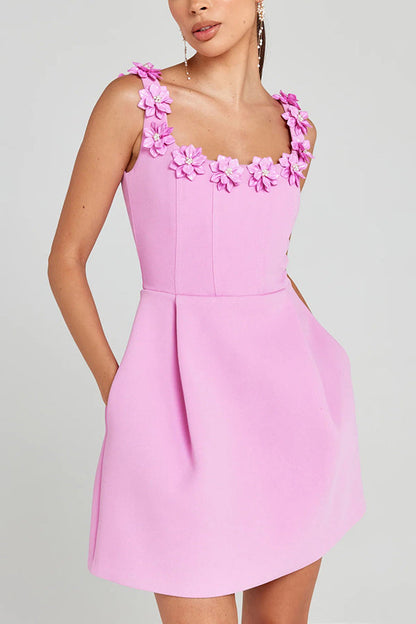 Cindy | Women's Feminine Mini Dress with Floral Applications and Pockets