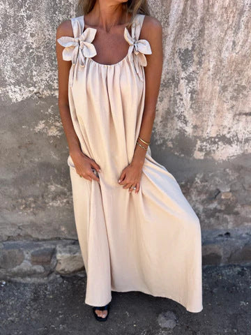 Floral Pattern Women's Maxi Dress with U-Shaped Neckline in Solid Colour