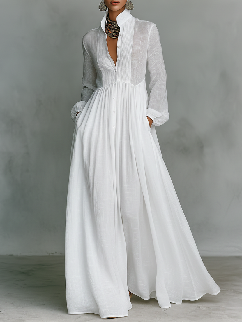 Elisa | Women's and Maxi Dress with Patchwork, High Neck, and Long Sleeves, Minimalist Style
