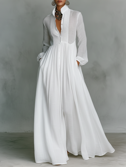 Elisa | Women's and Maxi Dress with Patchwork, High Neck, and Long Sleeves, Minimalist Style
