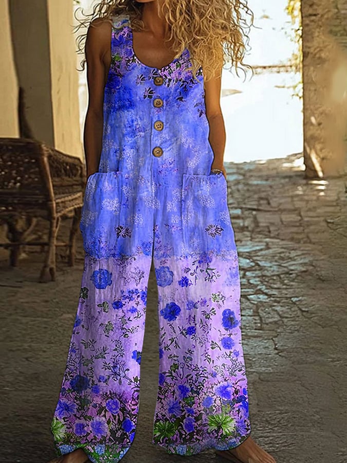 Hilary | Women's Relaxed Chic Vintage Loose Floral Jumpsuit with Pockets