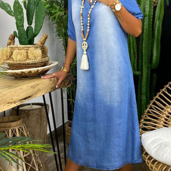 Ilse | Women's Relaxed Summer V-Neck Half Denim Midi Dress