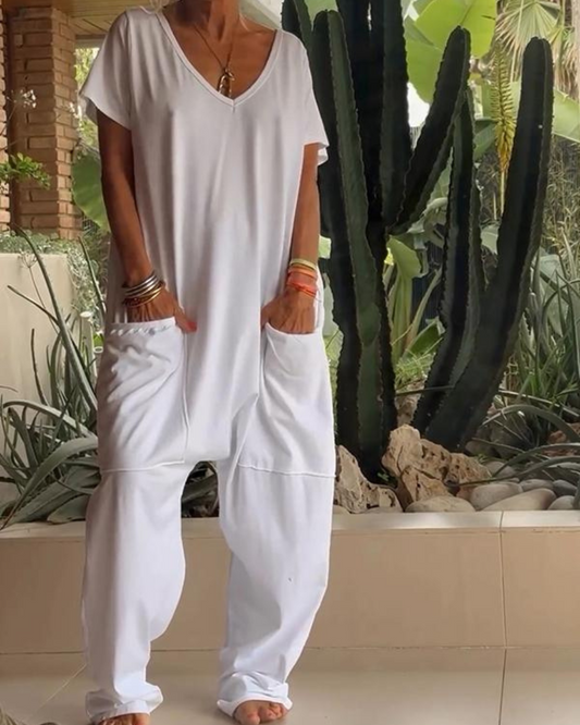 Yelena | Women's Casual V-Neck Solid Colour Jumpsuit