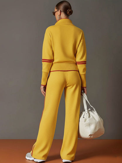 Women's Vintage-Inspired Grey and White Half-Zip Sweatshirt with Wide-Leg Trousers Set