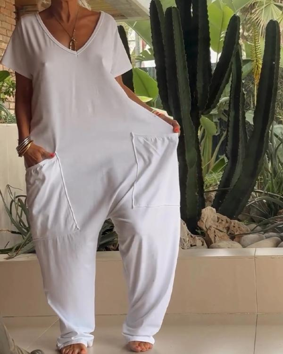 Yelena | Women's Casual V-Neck Solid Colour Jumpsuit