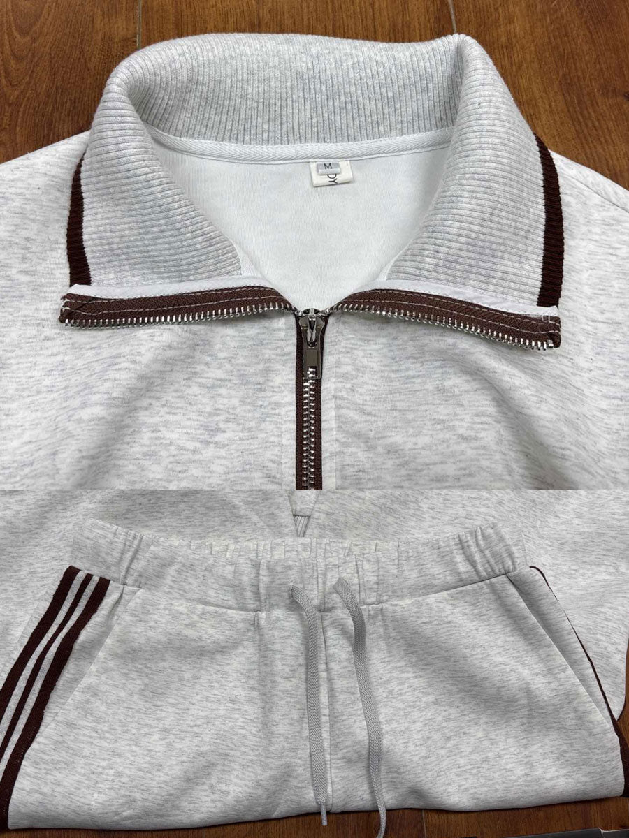 Women's Vintage-Inspired Grey and White Half-Zip Sweatshirt with Wide-Leg Trousers Set