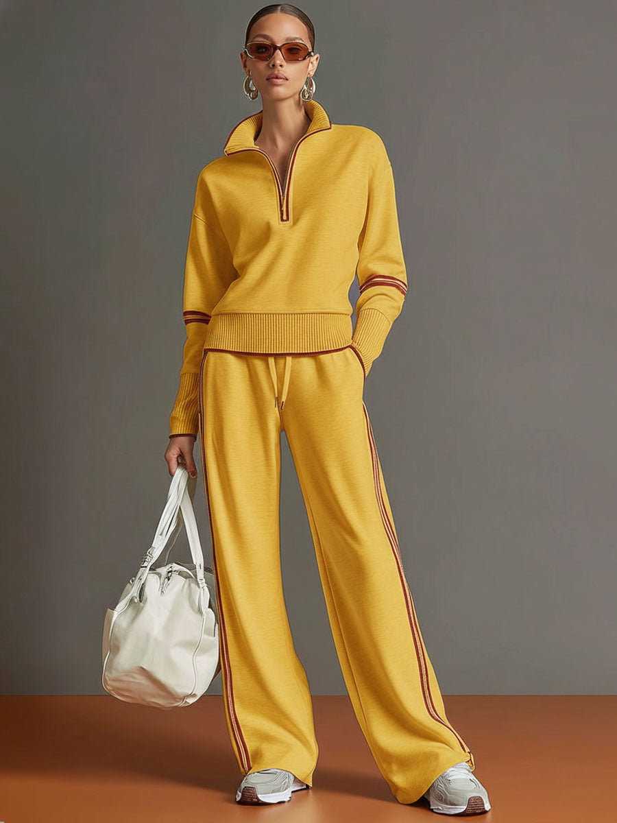 Women's Vintage-Inspired Grey and White Half-Zip Sweatshirt with Wide-Leg Trousers Set