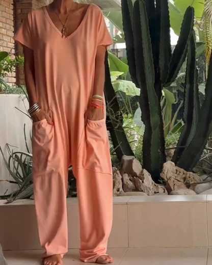 Yelena | Women's Casual V-Neck Solid Colour Jumpsuit