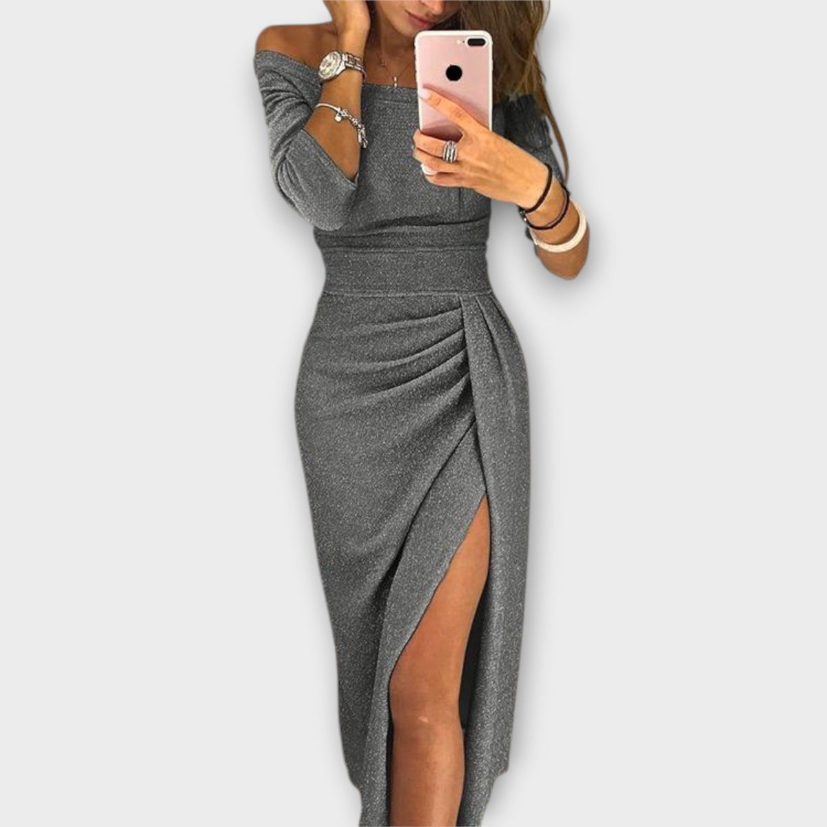 Lena | Women's Elegant Off-Shoulder Midi Dress with Side Slit